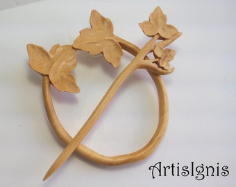Shawl Pin or Hair Slide "Ivy", Handmade Alder Wood Shawl Pin, Handcarved Ivy Hair Accessories, Eco-friendly - MADE TO ORDER