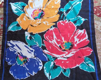 1980s Vintage Albert Nipon 100% Cotton Scarf Kelly Navy with Bold Flowers