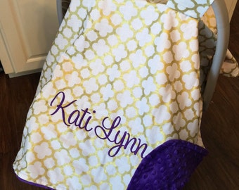 Personalized baby carseat canopy, monogram car seat cover, custom baby gift, car seat canopy girl, baby shower gift, monogrammed gold purple
