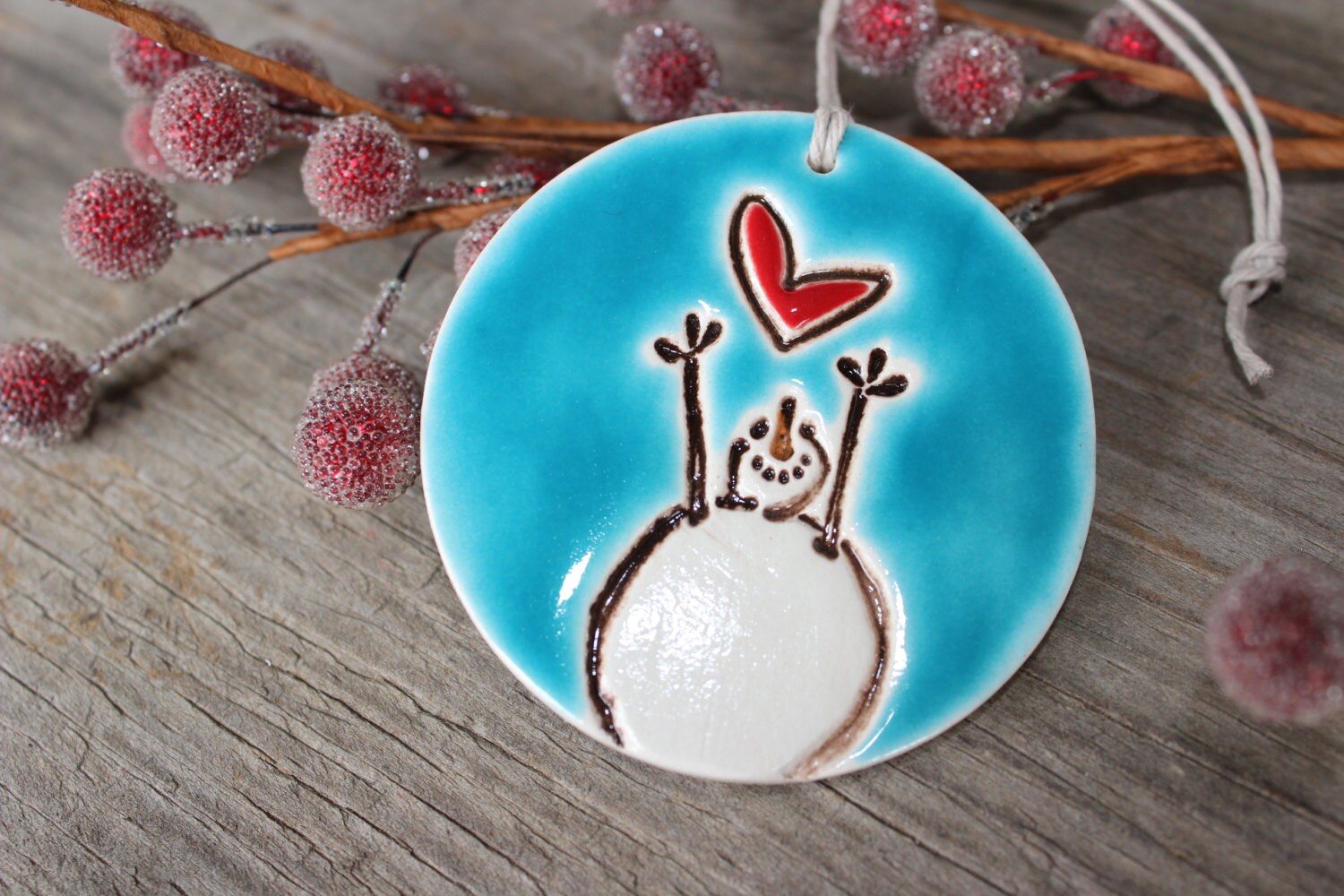 Handmade Snowman with Heart Ceramic Christmas Ornament