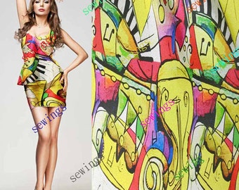 HUGE DISOCUNT cdk-4029 Drunk Music Nice Digital Print Pattern Pure Silk Fabric Crepe by Yards Dressmaking Material Yellow Hot Pink Blue