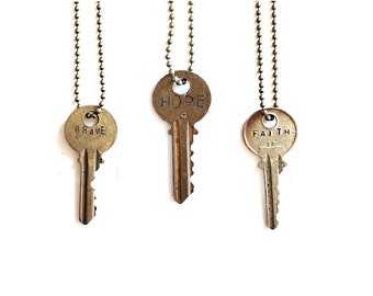 Vintage Key Necklace . word necklace . vintage keys . word jewelry . fearless brave faith necklace