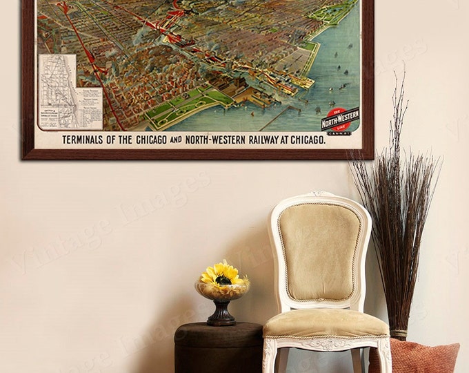 Old map of Chicago (1902) Chicago Railroad map, Chicago Map, Restoration Hardware Style Vintage Railway map, Large Chicago wall Map wall art