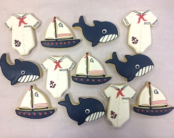 Nautical Baby Shower Cookies, Sailor Onesie Cookies, Baby Shower Cookies, Sailboat Baby Shower Cookies, Whale Cookies for Showers