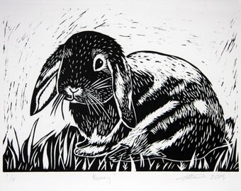 Bunny Rabbit Lino Cut Print, handmade, art, gift