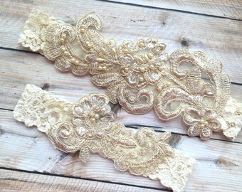 Gold Lace Garter Set, Ivory Lace Bridal Garter, Bridal Garter Set, Bridal Garter, Gold Garters, Lace Garters, Beaded Garters, Pearl Garters