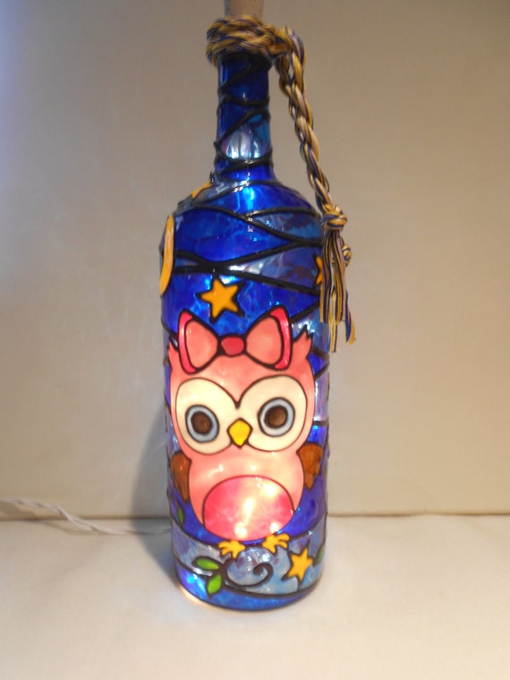 Owl Wine Bottle Lamp Stained Glass Look Hand Painted