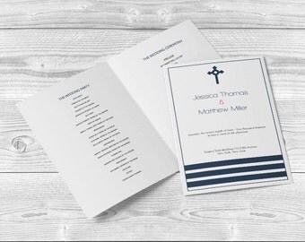 Catholic Wedding Program Templates - Editable PDF - 8.5 x 11 Simply Stripes Navy & White Foldover Printable Wedding Ceremony DIY You Print