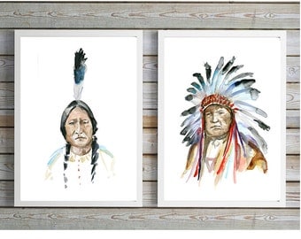 Indian Art - Indians Watercolor Painting - Art Print - headdress Art - Native American Art - Aquarelle Watercolour chief indian Portrait Art