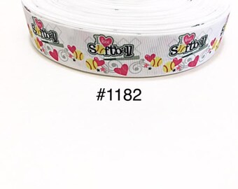 4 yard - 1" Sport I Love Softball with Heart Motif on White Grosgrain Ribbon Hair bow