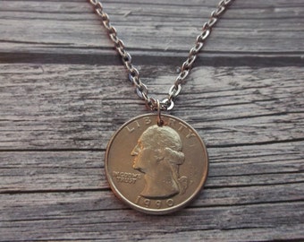 US Quarter Coin Necklace - 1990 US Quarter Coin Pendant - 1990 Coin Necklace - 25 yr Anniversary Gift
