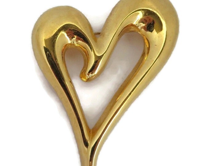 Monet Heart Brooch, Vintage Gold Tone Abstract Heart Pin Designer Signed Costume Jewelry Gift Idea