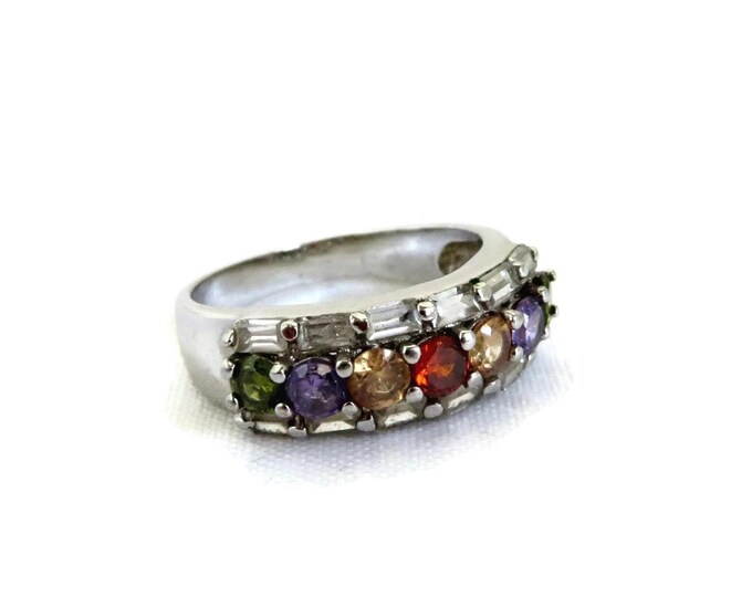 Multistone CZ Ring, Vintage Multicolor Sterling Silver Ring, Wide Band Gift for Her Size 6.5