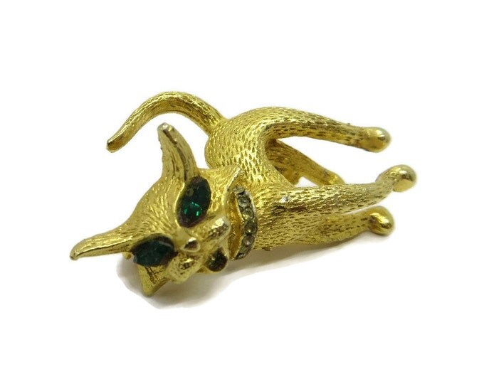 Gold Cat Brooch, Vintage Designer Signed SA Pin, Cat Lovers Brooch, Rhinestone Studded Kitty Pin, Perfect Gift, Gift Box