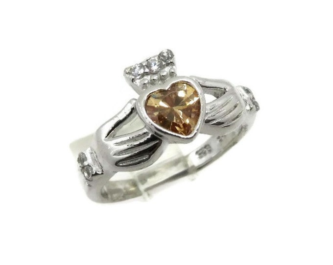 Vintage Citrine Claddagh Sterling Silver Ring, Irish Ring, Citrine and Topaz Ring, Yellow Stone Ring, Size 5
