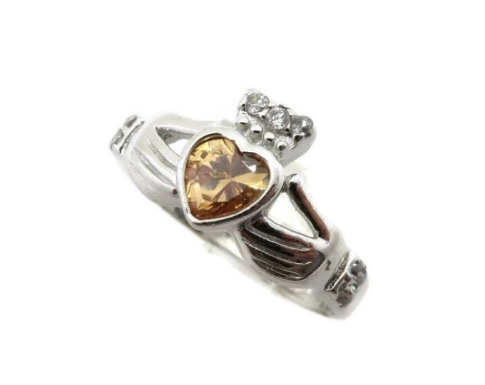 Vintage Citrine Claddagh Sterling Silver Ring, Irish Ring, Citrine and Topaz Ring, Yellow Stone Ring, Size 5