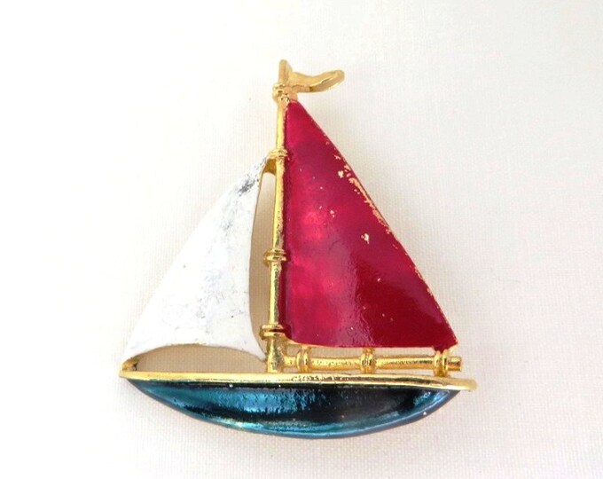 Gerry's Sailboat Brooch, Vintage Red, White, Blue Nautical Pin