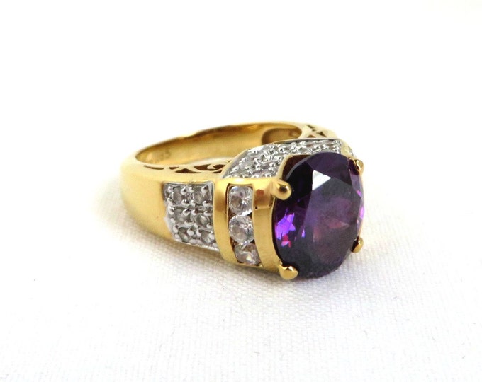 Amethyst CZ Gold Plated Silver Ring, Vintage Purple CZ Sterling Silver Ring, Engagement Ring, Size 6