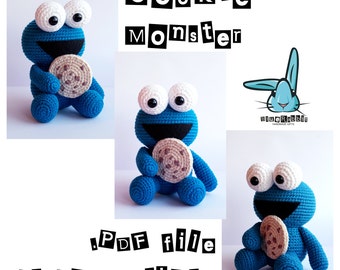 Cookie Monster. PDF file amigurumi crochet pattern. Inspired by Sesame Street tv show. Languages: English, French