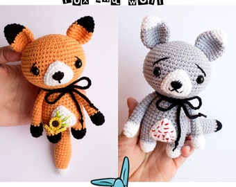 2 friends - fox and wolf. Amigurumi crochet pattern. 2in1. DIY handmade toy. ENG.
