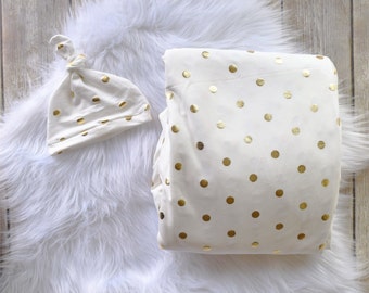 Gold Polka Dot/ Gold Swaddle/Gold Swaddle blanket/swaddle/hat/ Newborn swaddle/Baby swaddle blanket