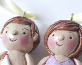 Set of TWO Beach Kids in Bathing Suits Ornament folk art ornament