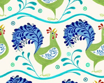 Rooster Fabric - Azuli by Julie Paschkis for In The Beginning - 5JPG Blue - Priced by the 1/2 yard