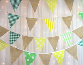 Summer Hessian Bunting with yellow and lime green spots stripes & gingham, garden parties, weddings, baby showers, summer fetes