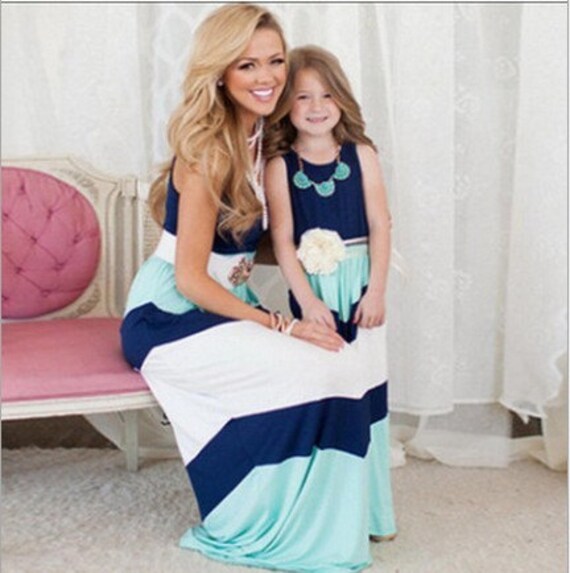 Mother Daughter Dress Mommy and Me Dress In A Blue And White Chevron Stripe Maxi Dress Includes Free Monogram On The Front Of Each Dress