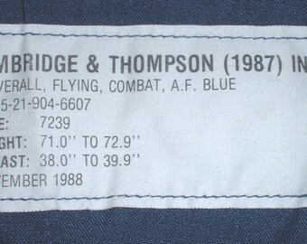 RCAF Royal Canadian Air Force blue nomex flightsuit 1988; size medium-long