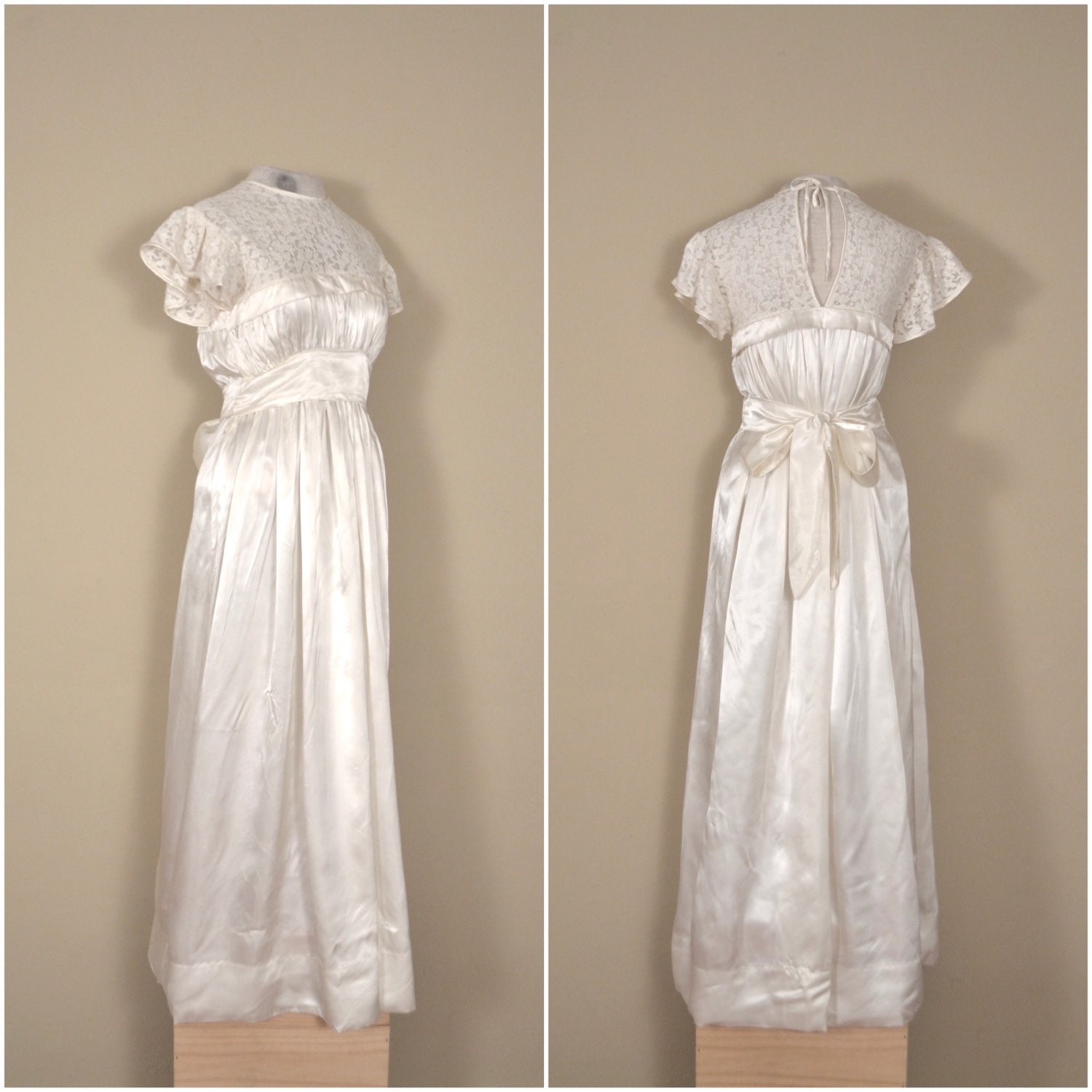 1940s satin lace cream wedding gown // empire waist bridal