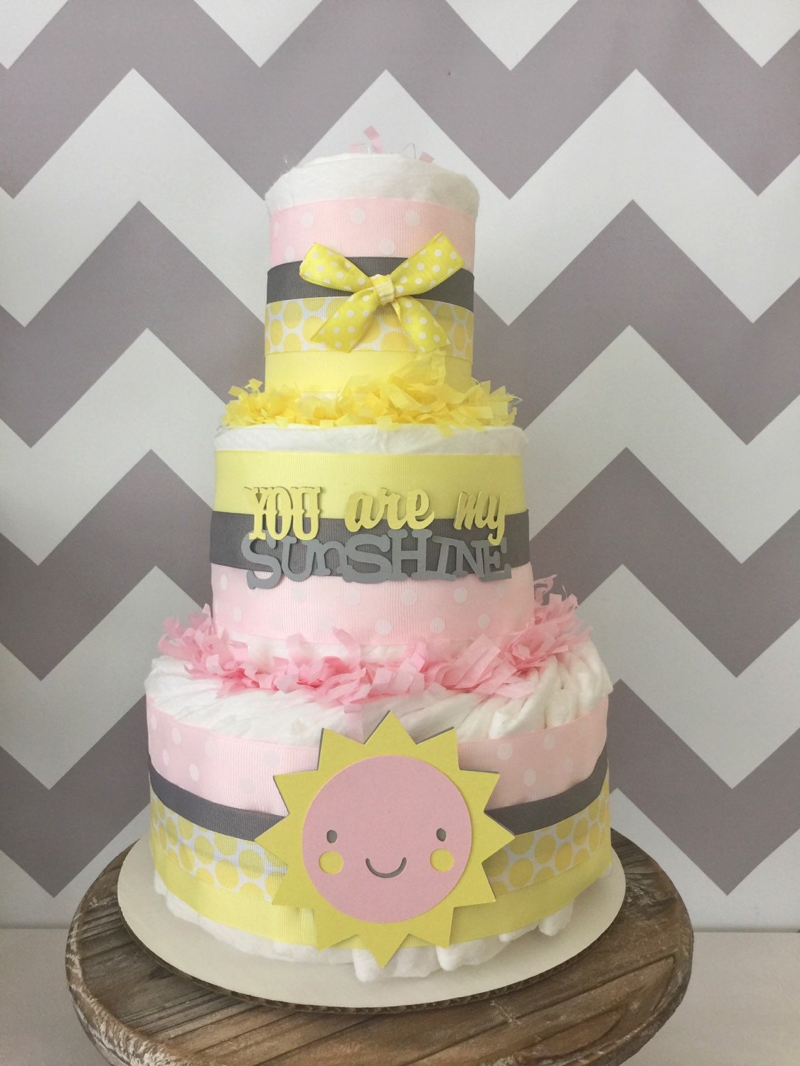 You are My Sunshine Diaper Cake in Pink Yellow and Gray You