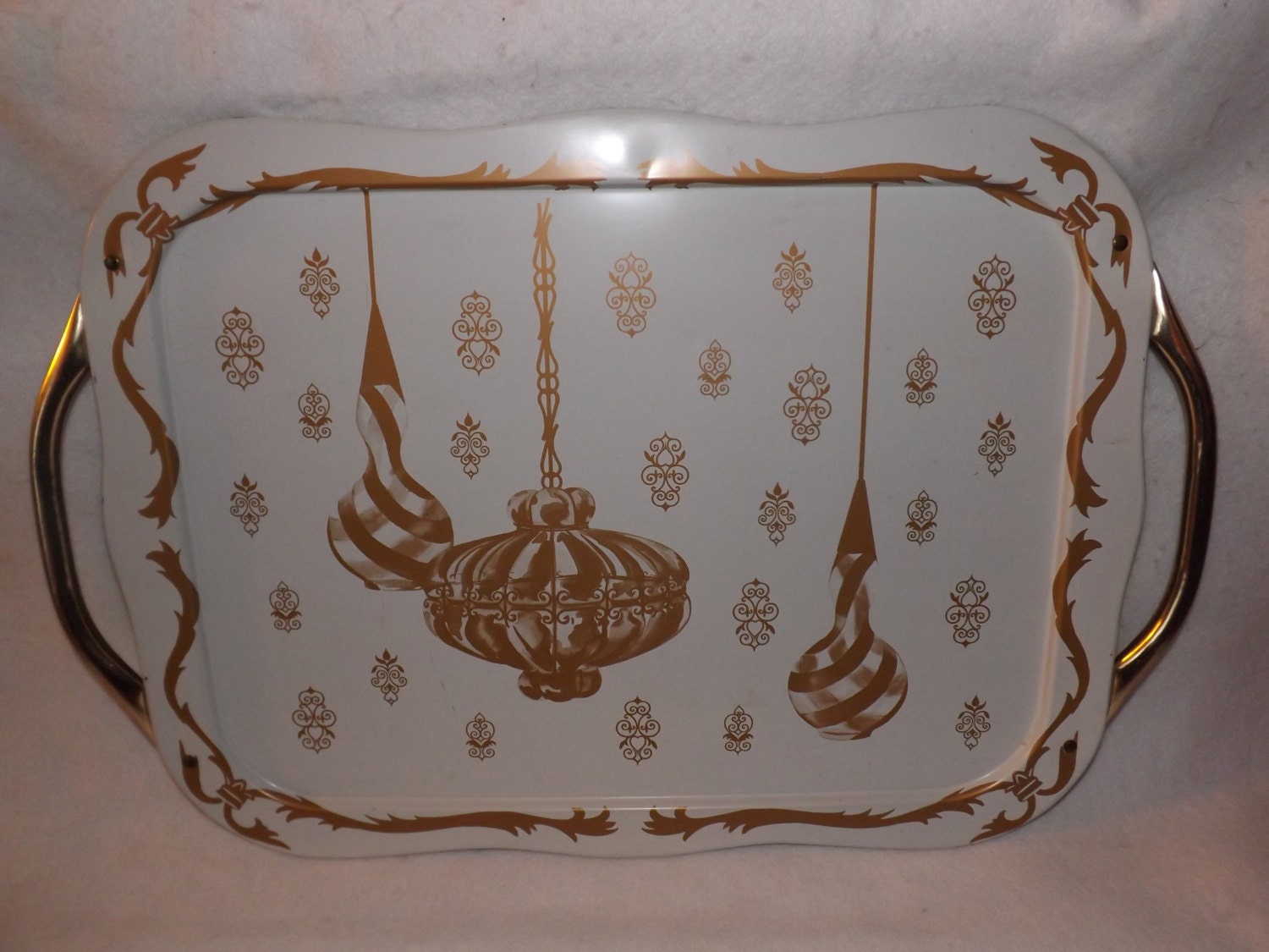 Vintage Gold and White Hanging Christmas Ornament ToleWare Metal Oversized Serving Christmas