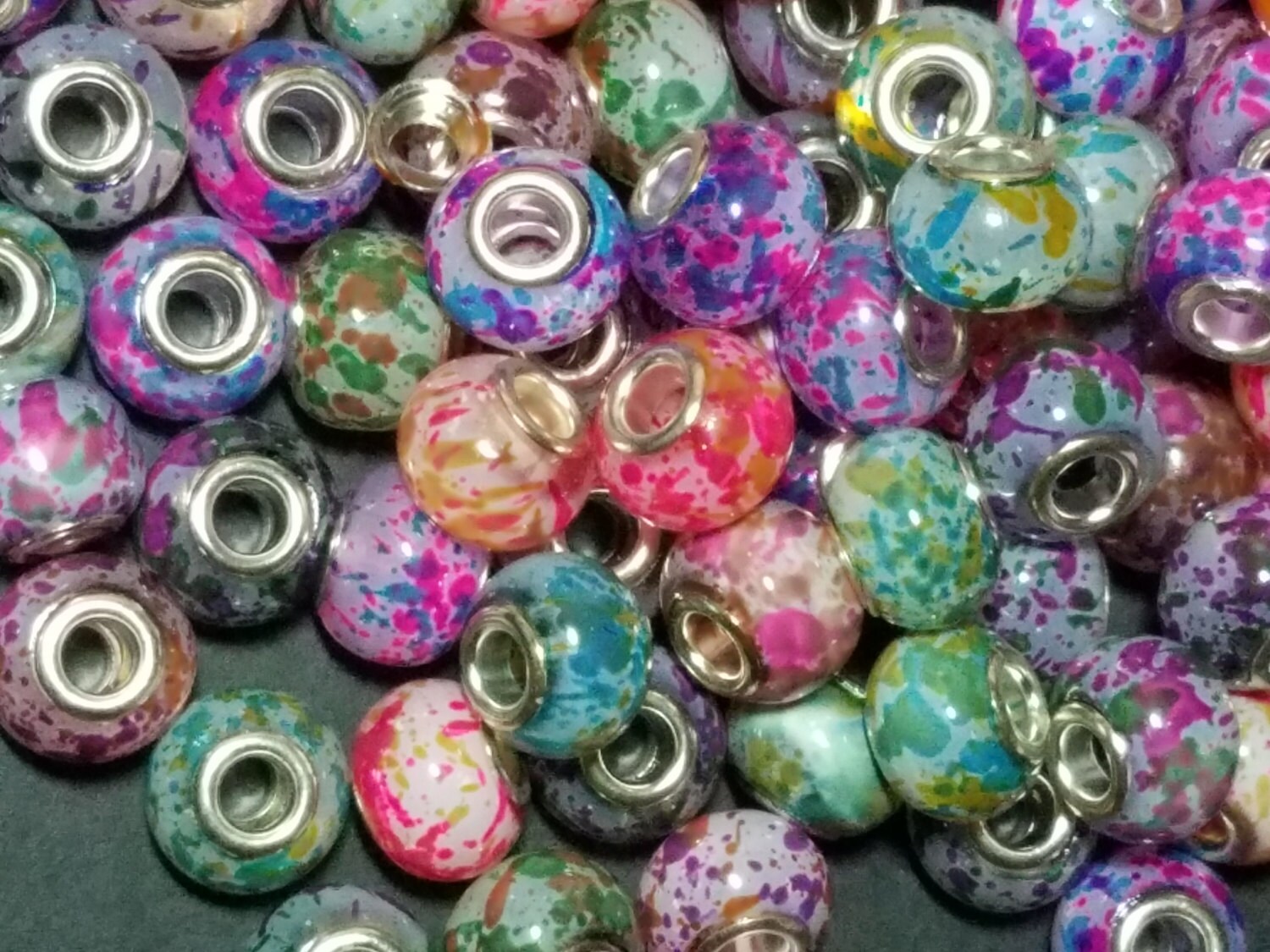 Spray Painted Glass European Beads, with Silver Brass Cores, Large Hole