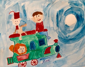Boy, Monkey, Lion on Train flying, Sweet Dreams, Whimsical Art, Lilymoonsigns Painting,