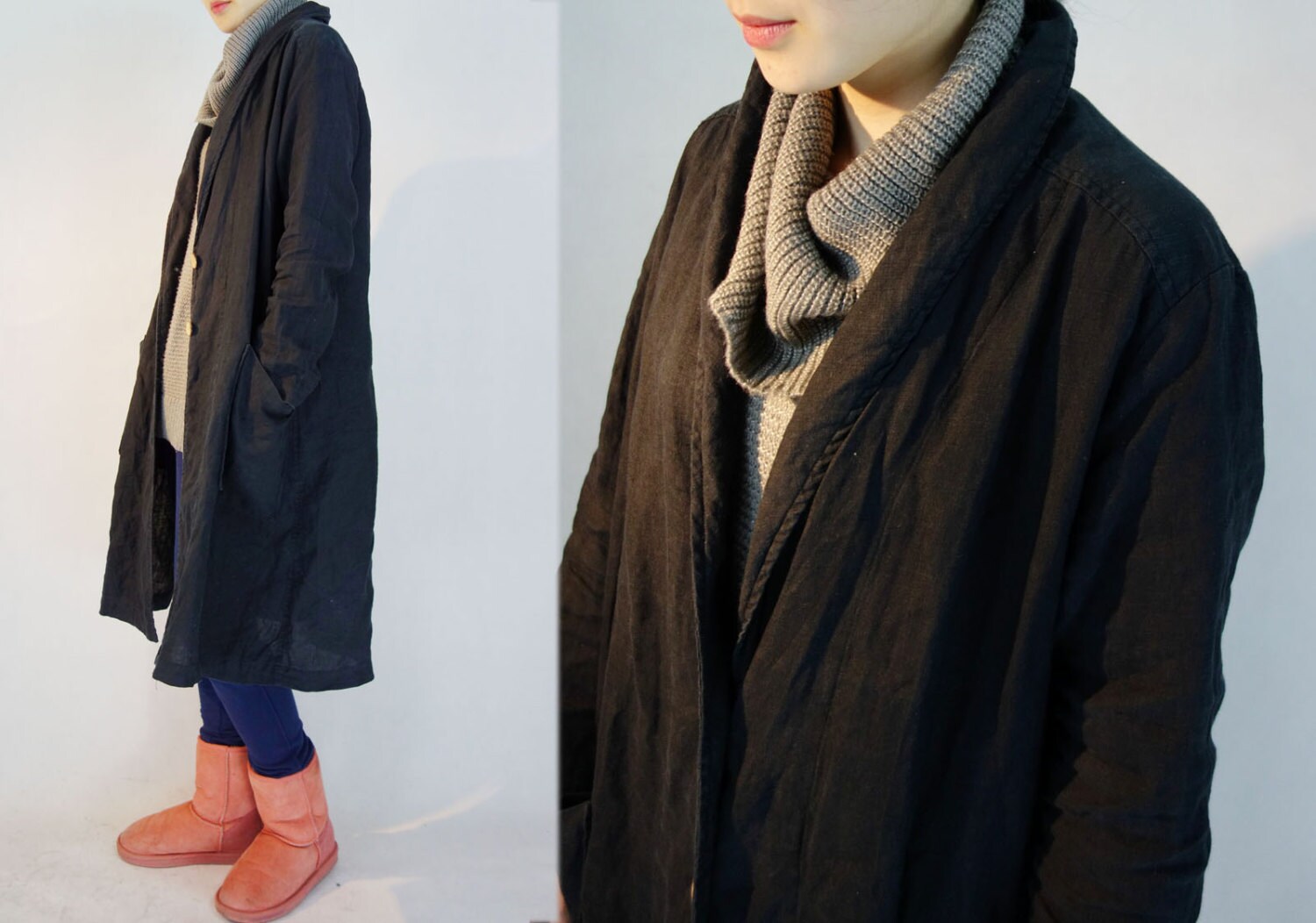 436Black Shawl Collar Washed Linen Trench Coat / Robe