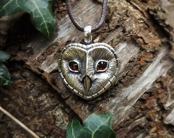 Barn Owl necklace , silver and garnet pendant.