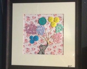 Baby Elephant - Balloons - Girls Room - Nursery Decor - Button Art - Pink Flowers - Floral Decor
