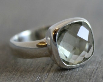Green Amethyst Cushion Cut Ring - Prasiolite Ring - Sterling Silver- gemstone ring - Bezel Ring - square ring- cushion cut gemstone ring