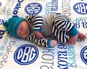 Personalized Baby Boy Blanket with Monogram - Custom Receiving Blanket - Name Baby Blanket - Newborn Swaddling Blanket - Baby Boy Gift
