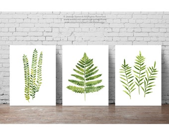 Fern Watercolor Painting set 3 Ferns Kitchen Art Print, Botanical Leaf Wall Decor Abstract Leaves Illustration Green Home Garden, Forest Art