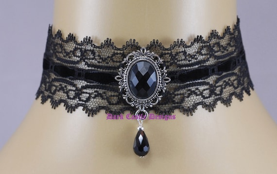 Black Lace Velvet Choker/ Necklace Black Glass Jewel Beaded Pendant Gothic Victorian Steampunk Party by darkcastledesigns steampunk buy now online