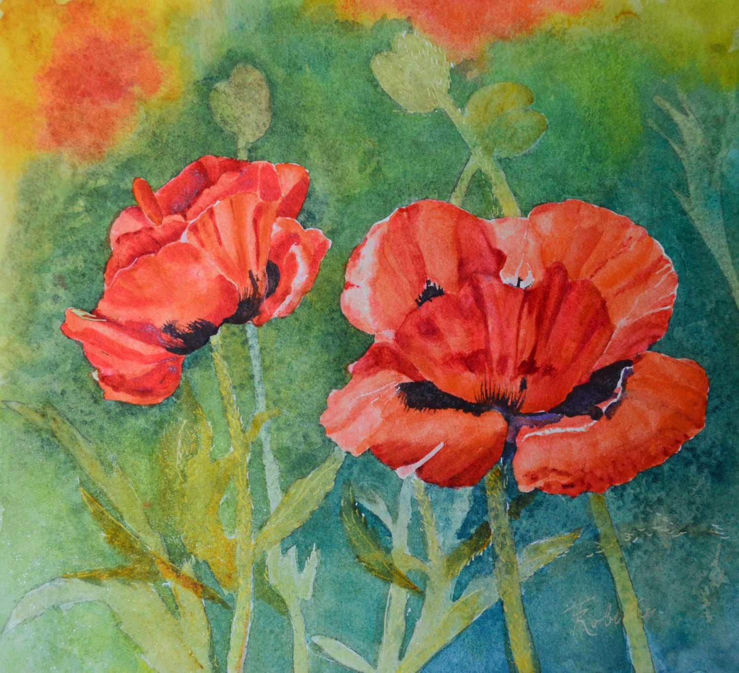 oriental poppies watercolor floral painting poppies original
