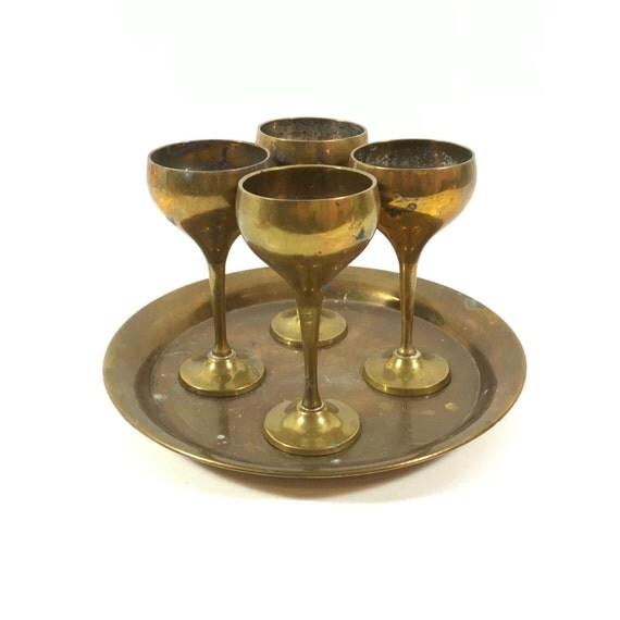 Vintage Brass Goblet Set with Round Serving Tray 4 Cordial