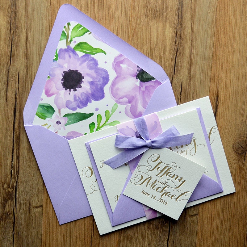 Floral Wedding Invitation Lavender & Gold Letterpress Wedding