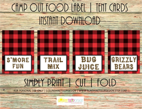 camping birthday food labels printable buffalo plaid food cards red