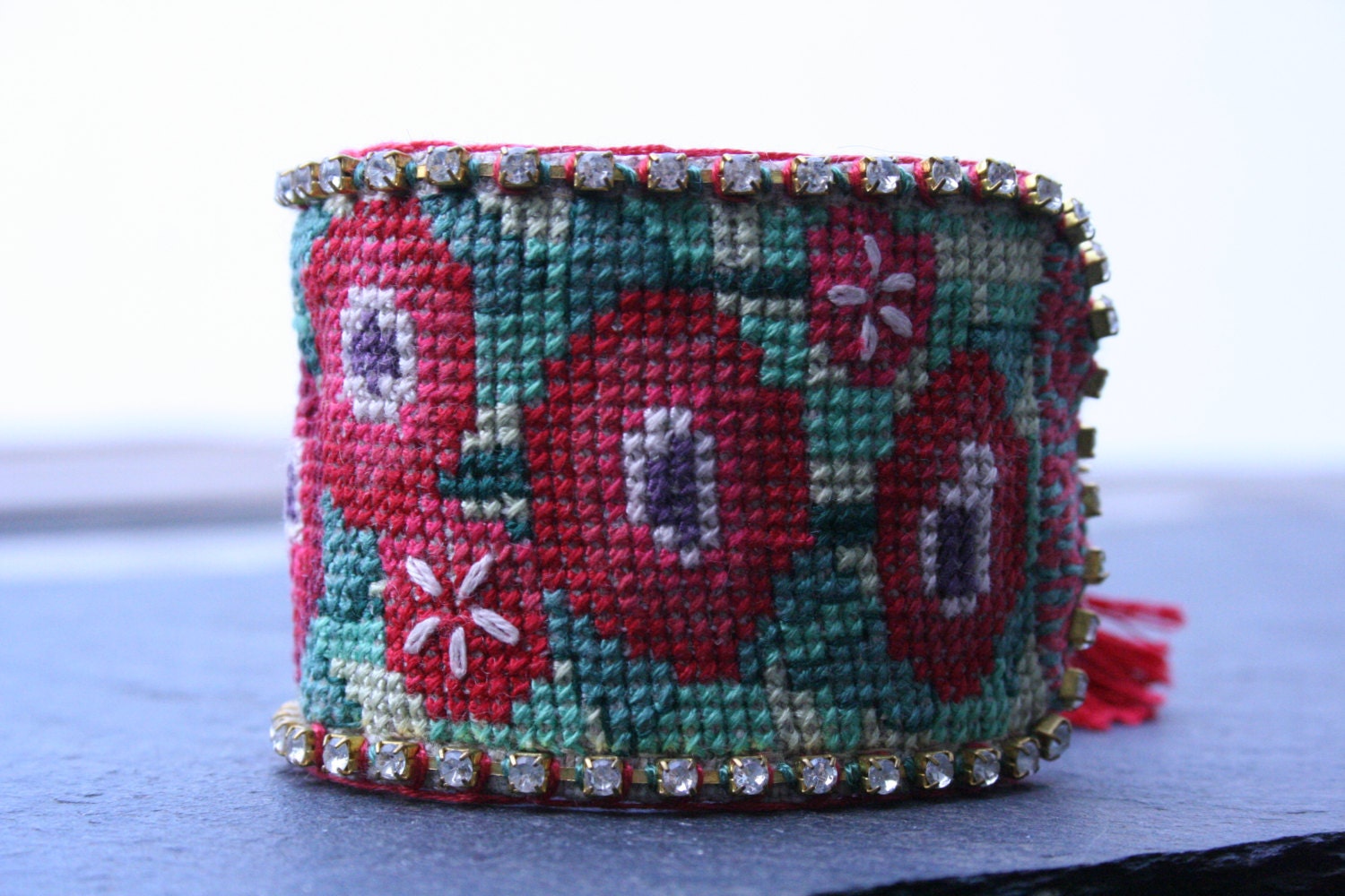 Cuff Bracelet Cross Stitch Embroidered Cuff Bracelet Red