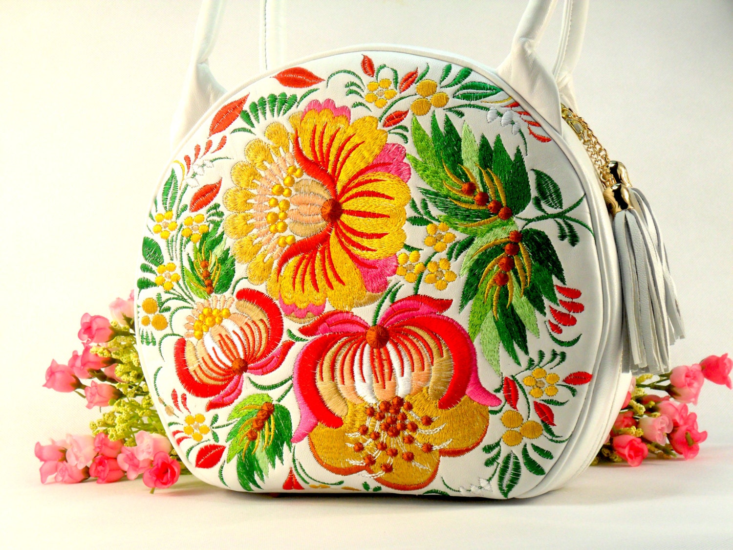 Leather bag Embroidered bag White Leather Bag Shoulder bag