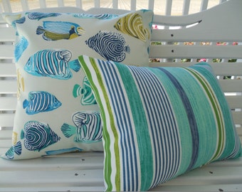 Turquoise Fish Outdoor Pillow Cover Beach Stripe Patio Porch Decorative Throw Pillow Aqua Navy Green Coastal Decor