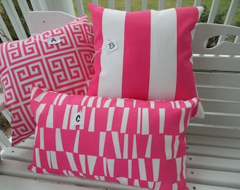 Preppy Pink Outdoor Pillow Cover Hot Pink White Patio Porch Cushion Geometric Stripe Decorative Throw Pillow